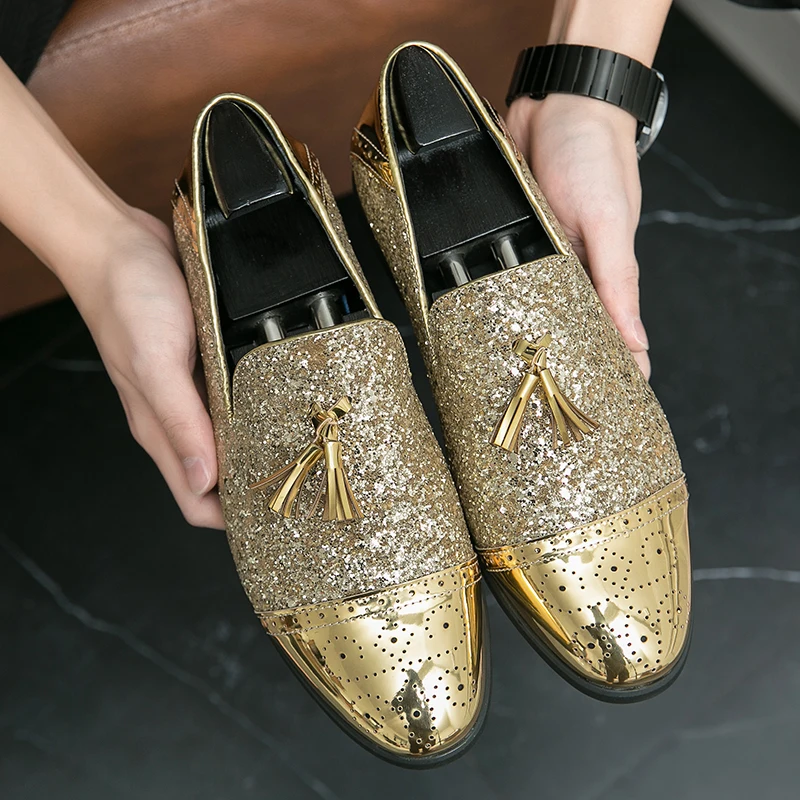 

New Gold Loafers Men Handmade Casual Shoes Solid Slip-On Breathable Free Shipping Men Dress Shoes Size 38-47