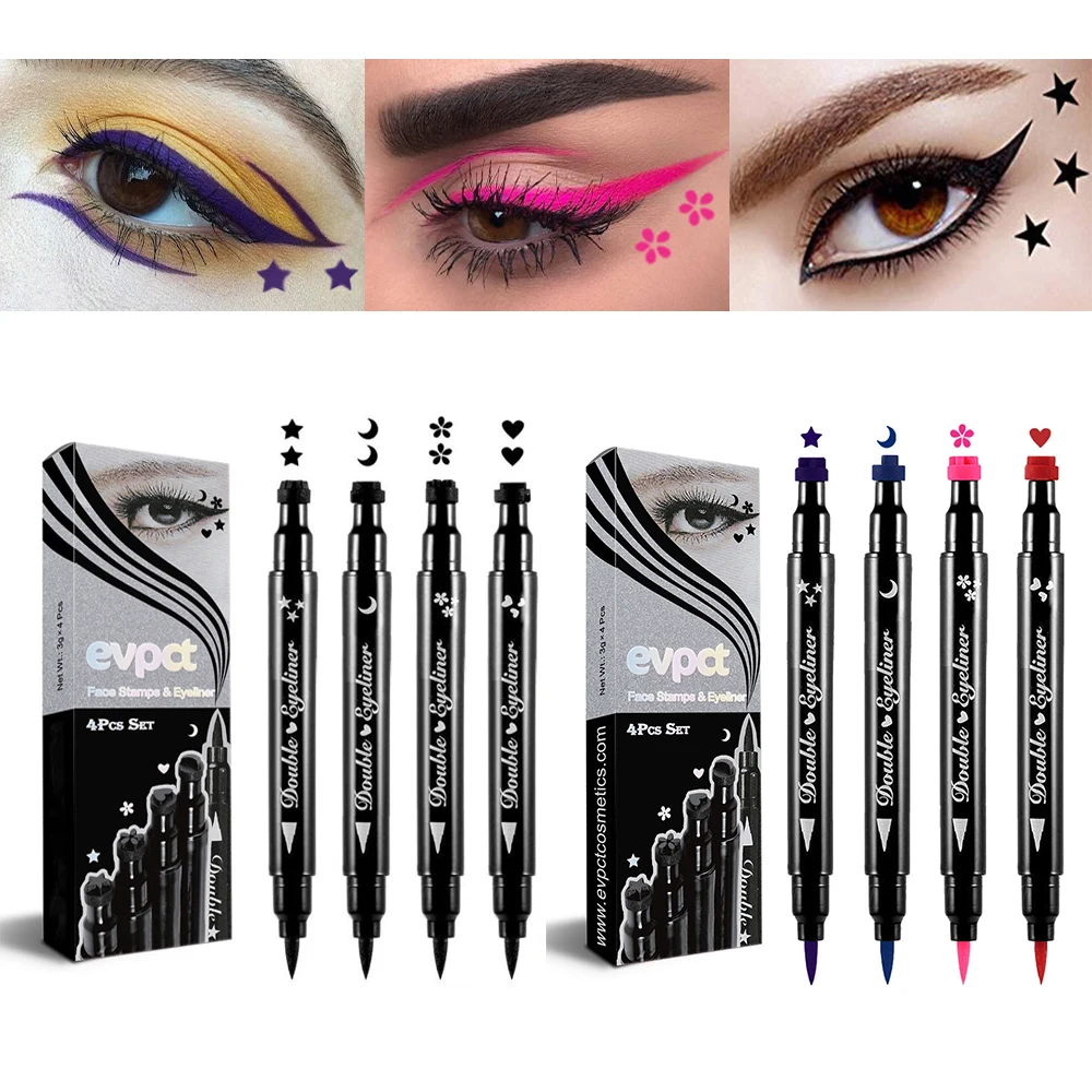 

2 In1 Stamp Liquid Eyeliner Pencil Set 4 Colors Eyes Makeup Waterproof Fast Dry Lasting Cosmetics Black Stamps Seal Eyeliner Pen
