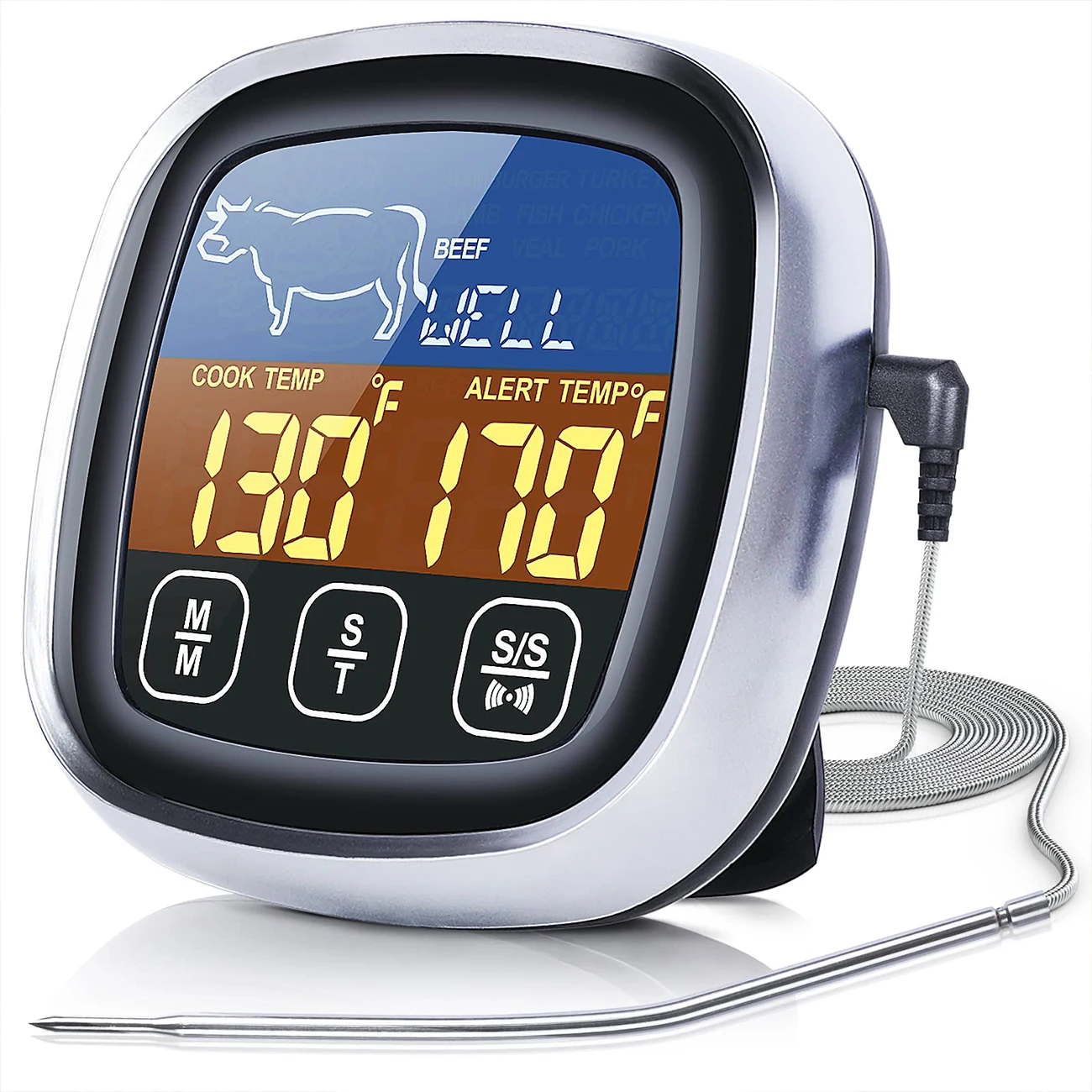 

Digital Meat Thermometer for Cooking,Large Display Instant Read Food with Backlight, Long Probe, Kitchen Timer, BBQ,Oven Silver