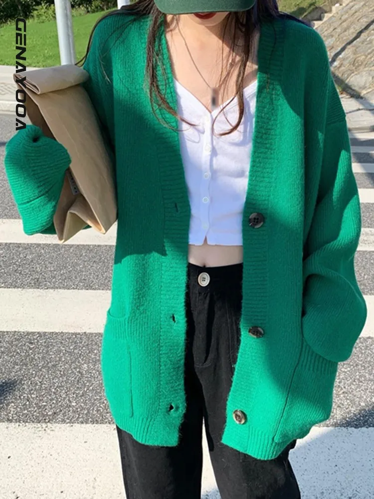 

Genayooa Solid Cardigan Women Winter 2022 Casual Long Sleeve Knitted Cardigan Korean Fashion Vintage Loose Ladies Black Jumper
