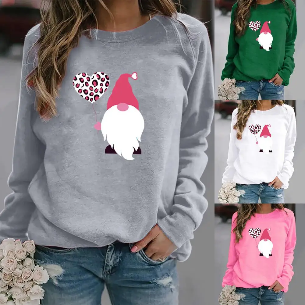 

O-Neck Long Sleeve Lady Sweatshirt Stretchy Cute Gnome Graphic Valentine Day Casual Top Breathable Tunic Pullover Top for Home