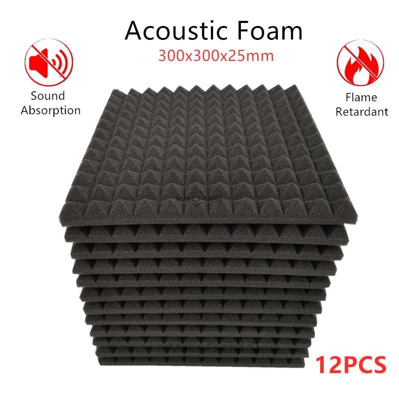 

12PCS Studio Acoustic Foam High Density Flame Retardant Soundproofing Protective Sponge Pyramid Absorption Panel 300x300x25mm