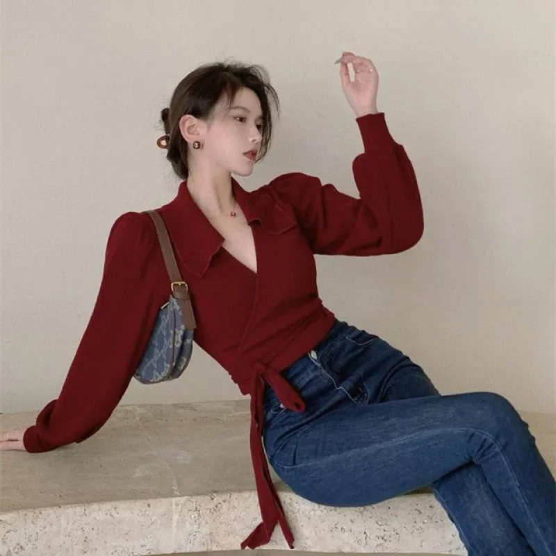 Женский трикотажный топ с бантом на воротнике для осени/зимы винно-красного