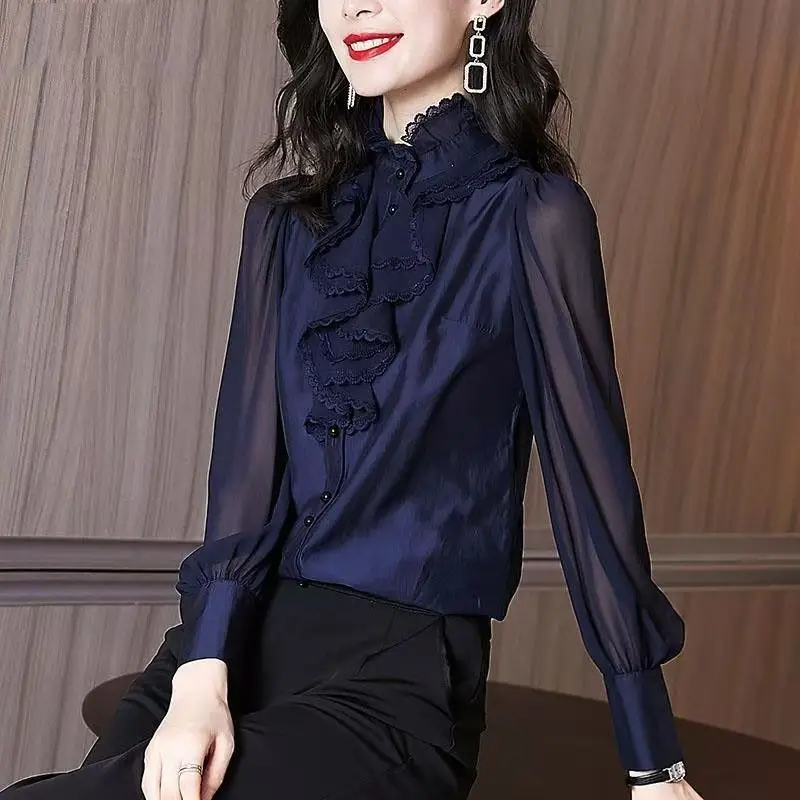 Vintage Lace Gauze Patchwork Chiffon Shirt Women's Clothing 2022 Spring New Elegant Office Lady Loose Ruffled Neck Blouse Female