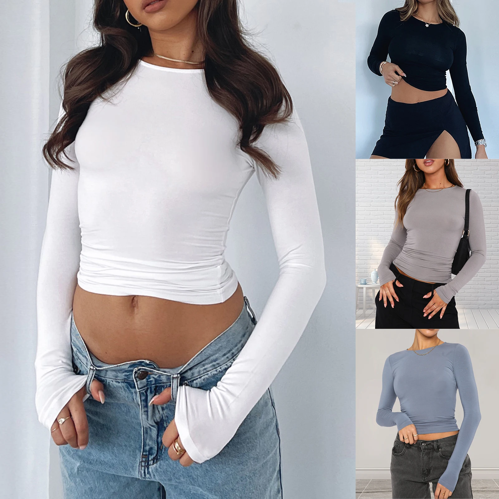 

Women's Round Neck T-Shirt Crop Top Jumper Elastic Solid Color Casual Slim Fit Comfortable Exercise Fitness Women's Wear