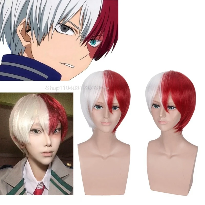 Аниме My Hero Academia Shoto Todoroki Косплей Парик Белый и Красный Короткий Boku no Hiro Akademia Shouto