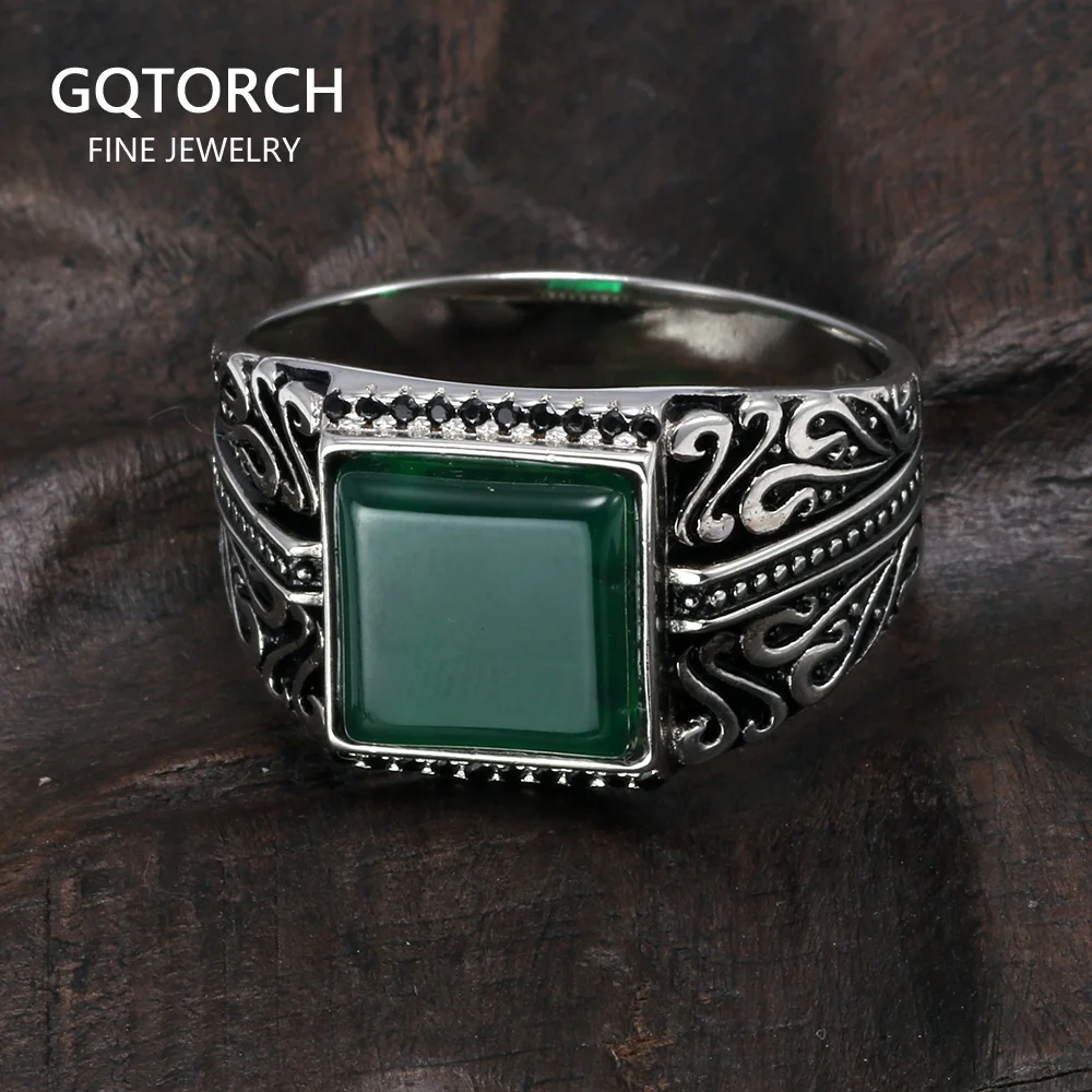 Anelli in argento Sterling 925 anelli da uomo fiore Vintage inciso nero verde rosso pietra di onice naturale forma quadrata gioielli Punk turchia