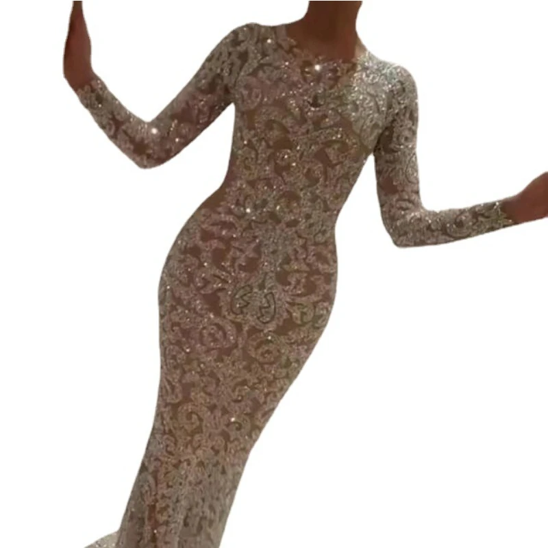 2022 New European and American Spring Elegant Women's Luxury Evening Hot Stamping Long Sleeve Slim Sexy Long Dress Evening Dress