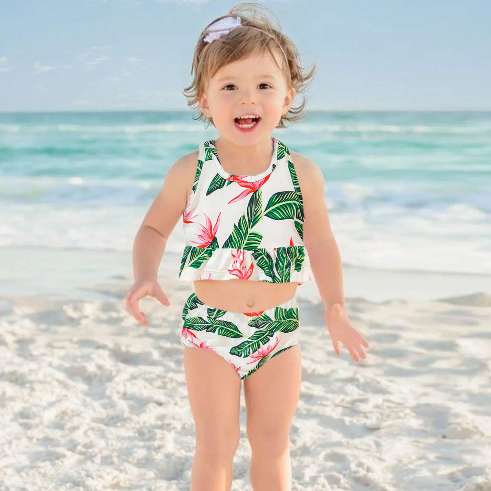 

Summer Baby Girls Ruffles Swimsuit Cartoon Polka Dot Printed Sleeveless High Waist Two Piece Swimwear Bikini Set Outfits P5