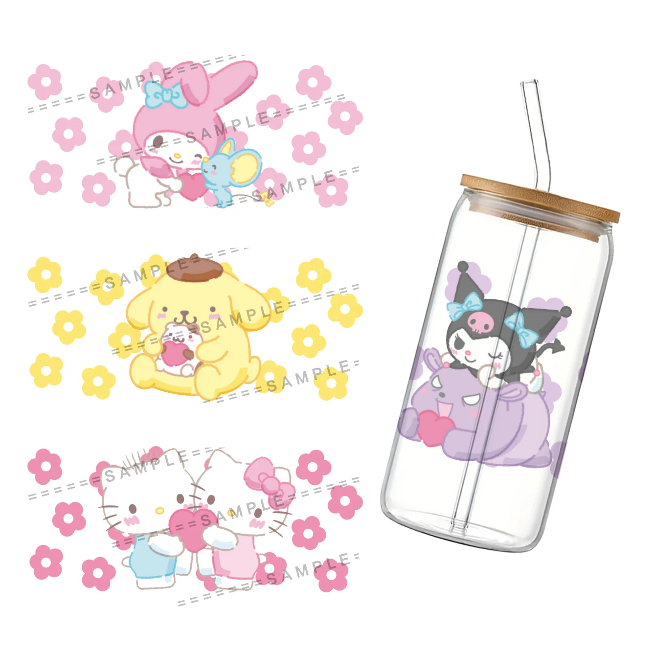11x24 см Sanrio мультфильм друзья чашки оберточная Наклейка 16oz UV DTF Водонепроницаемая