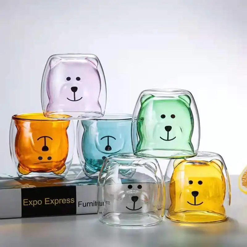 

250ML Creative Cute Bear Coffee Mug Double Glass Cup Carton INS Animal Milk Juice Cute Glasses With Double Bottom Drinkware Cup