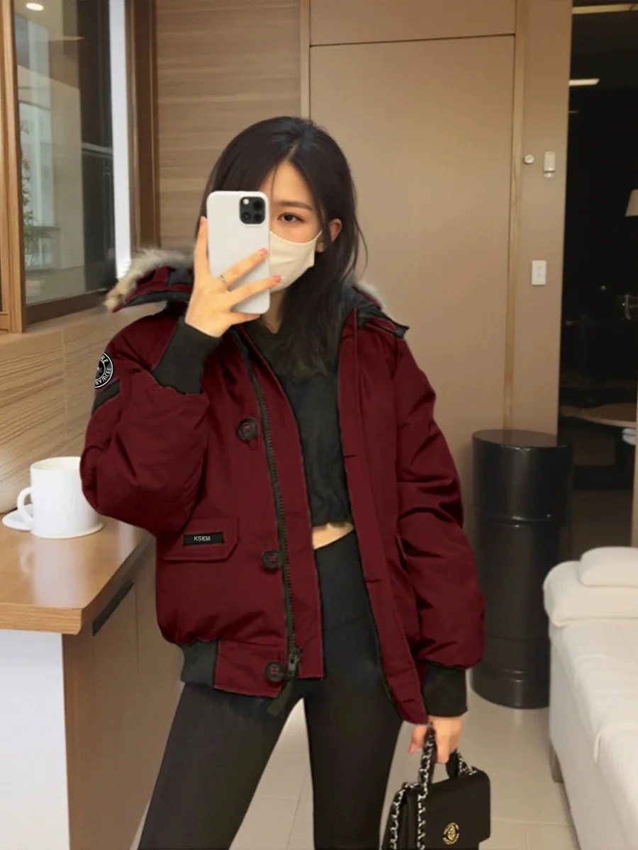 Kskkm Wine Red Down jacket Outerwear Women New Autumn and Winter French sle High-Grade Short Bread Cotton-padded jacket