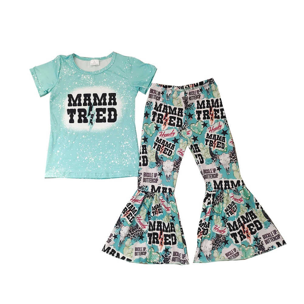 

Fashion Kids Girls Clothes Sets Letter Short Sleeve T Shirts Flowers Western Bull Bell Bottom Pants Outfits
