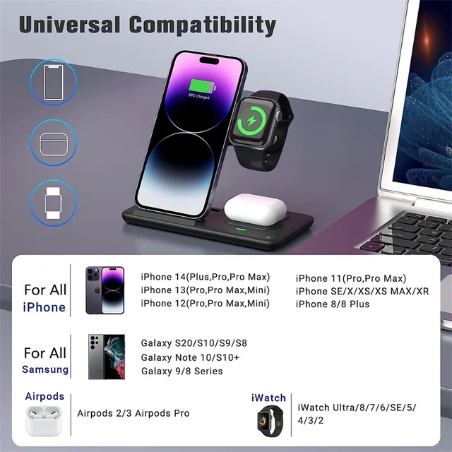 100W Wireless Charger 3 in 1 For iPhone 14 13 12 Pro Max 11 X 8 Fast Charging Dock Station For Apple Watch 8 7 6 Chargers Stand 6