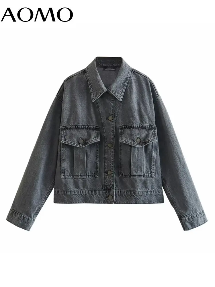 

AOMO 2023 Women Denim Oversized Jacket Coat Vintage Long Sleeve Pockets Female Outerwear 4M272A