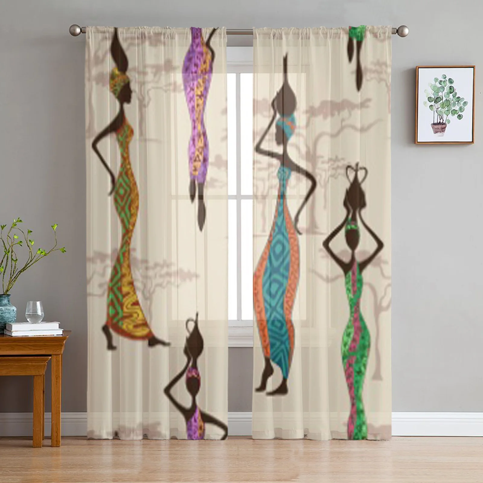 

African Women With Vases Tulle Sheer Curtains for Living Room the Room Bedroom Kitchen Decoration Voile Organza Curtains