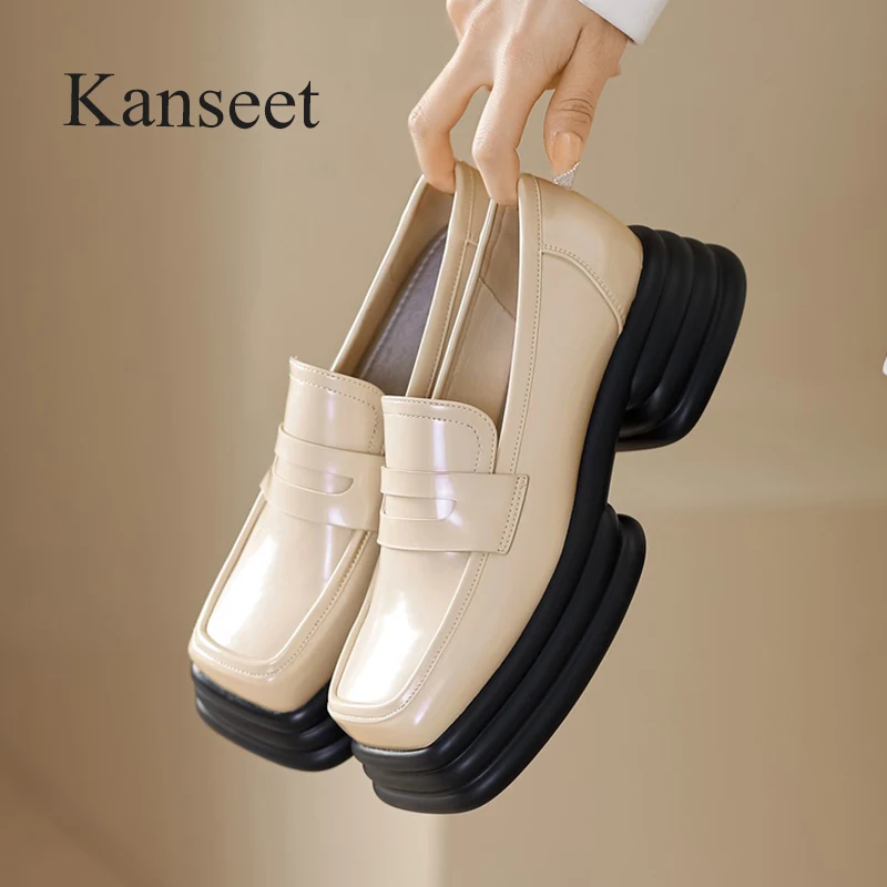 

Новинка 2022, женская обувь Kanseet, весенние туфли на платформе с квадратным носком, бежевые повседневные лоферы из коровьей кожи на массивном к...