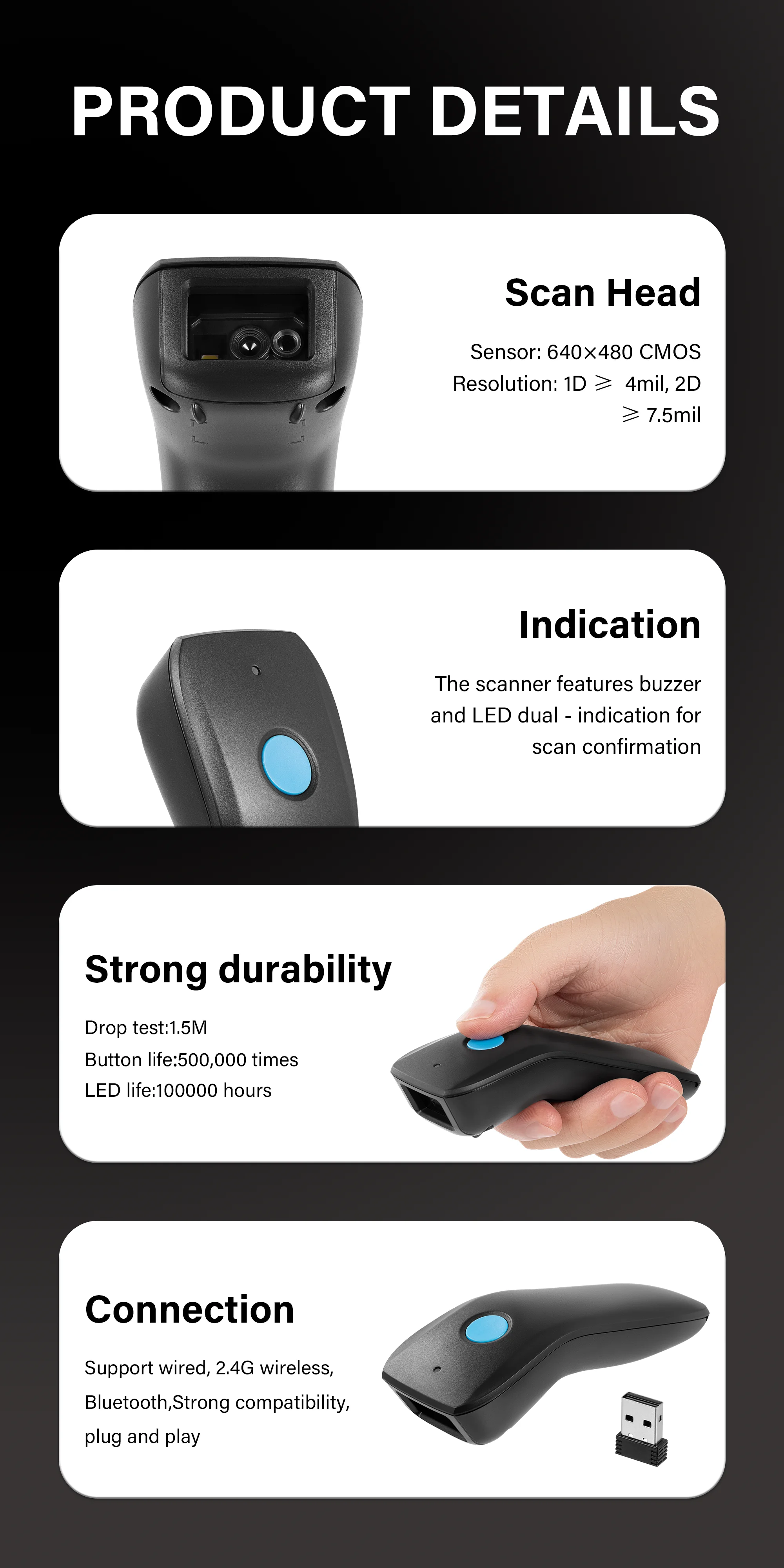 Фото Мини-сканер штрих-кодов 3-в-1 Bluetooth (1D, 2D, QR-коды) с CCD-сенсором, портативный, с аккумулятором большой емкости, для телефона №5