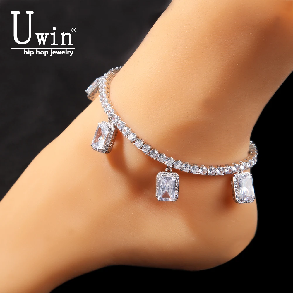 

Uwin 9inch Gem With Tennis Anklet extension Chain 4mm Iced Out Link Bling Bling Hip Hop Jewelry For Women Men