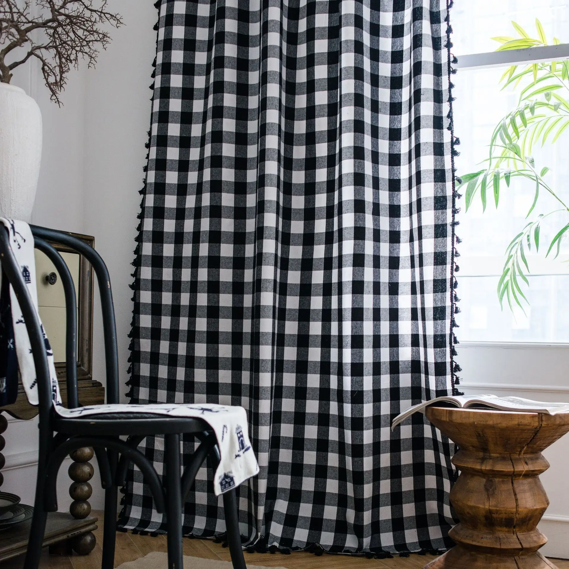 

Cotton Linen American Plaid CurtainThick with Tassels Curtains for Living Room Drape Kitchen Valance for The Luxury Living Room