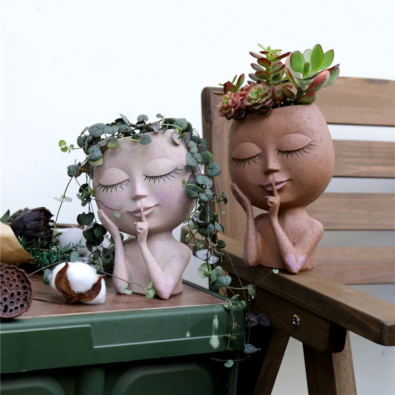 

Cute Girl Head Pot Resin Bust Statue Face Pot Decorative Art Vase for Indoor Outdoor Plants Female Garden Pots Vase with Hole