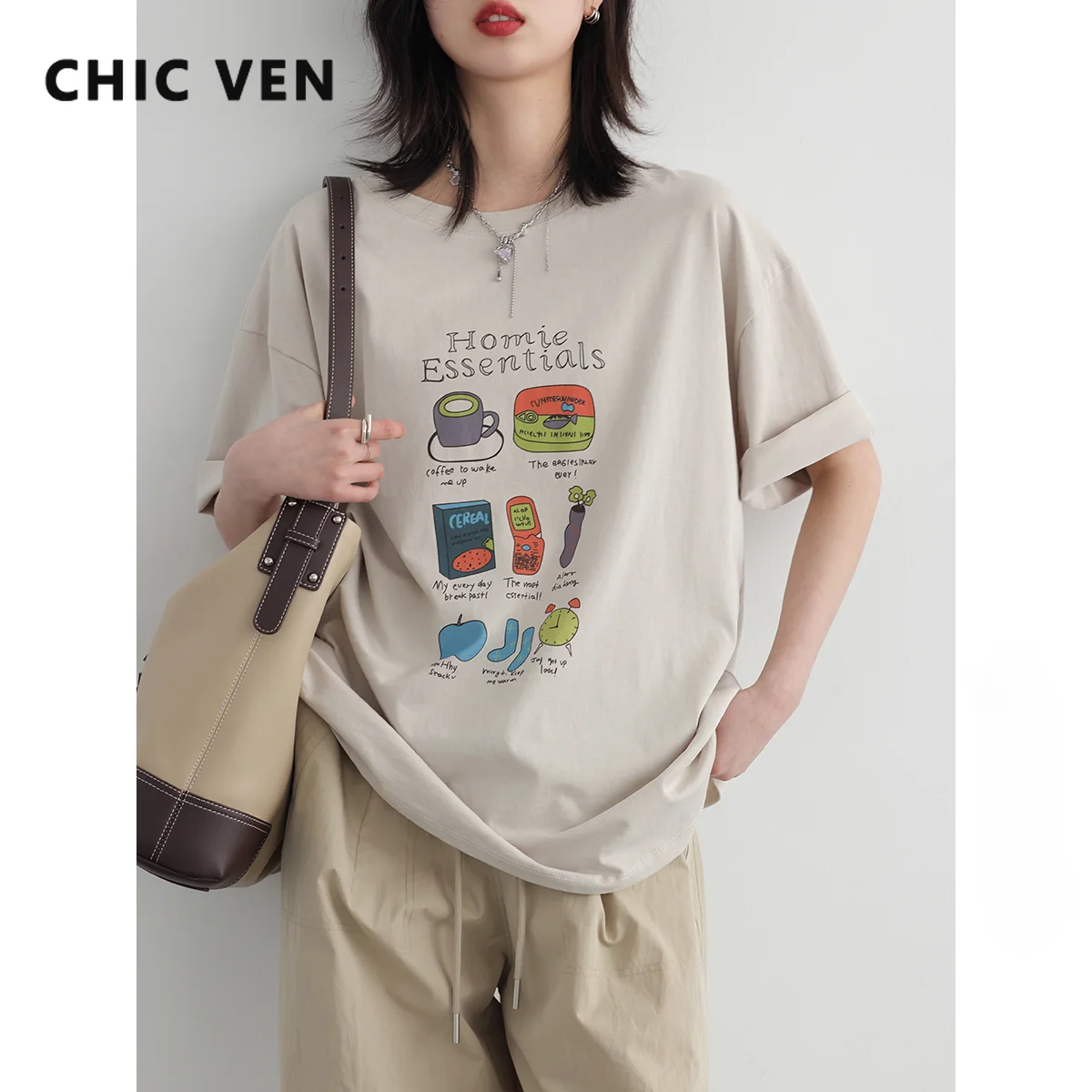 

CHIC VEN Women's T-Shirts New Casual Loose Letter Printing Short Sleeve Tshirt Cotton Female Tees Ladies Tops 2023 Summer