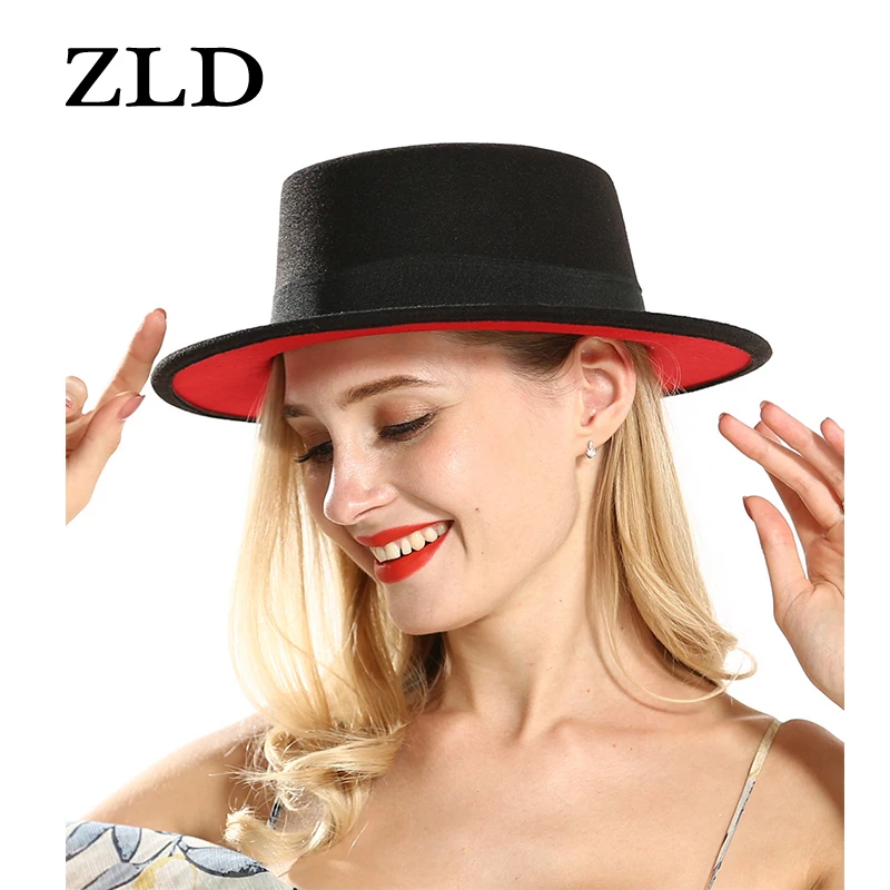 

ZLD Winter Autumn Imitation Woolen Women Red and Black Splice Jazz Hat European American Round Caps Bowler Hats Felt Hats