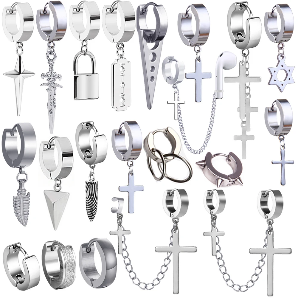 

1 Pair Punk Cross Stars Pendant Round Earrings For Women Rock Men Simple Stainless Steel Stud Earrings Jewelry