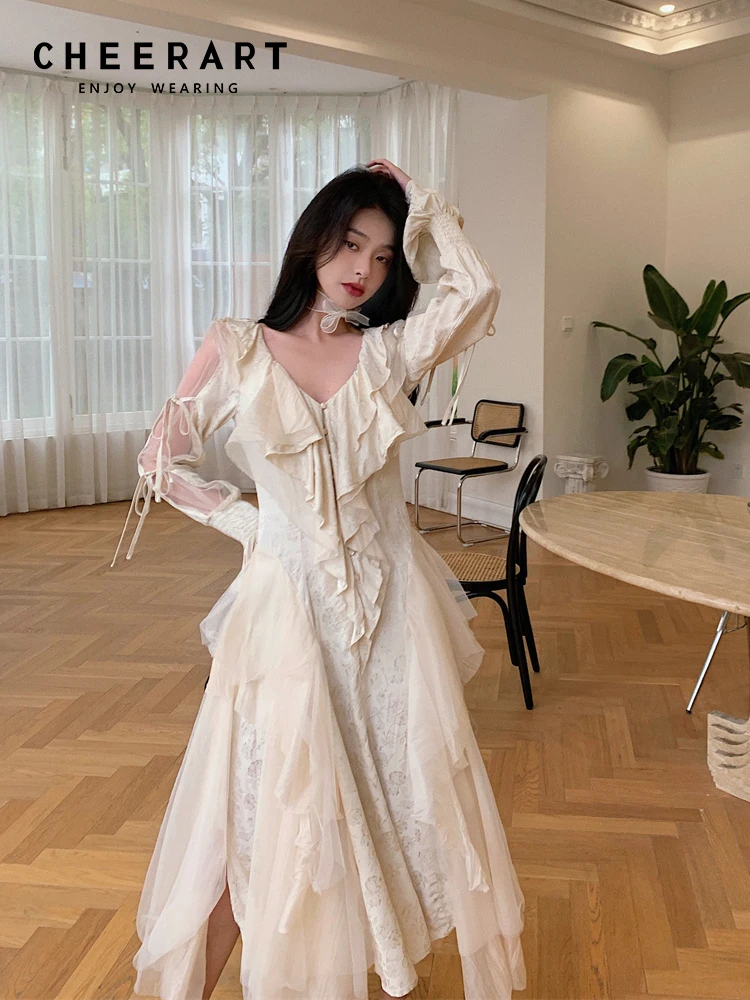 CHEERART Lace Mesh Long Elegant Dress For Women 2022 Luxury Designer Ruffles Tunics V Neck White Patchwork Maxi Dress Evening