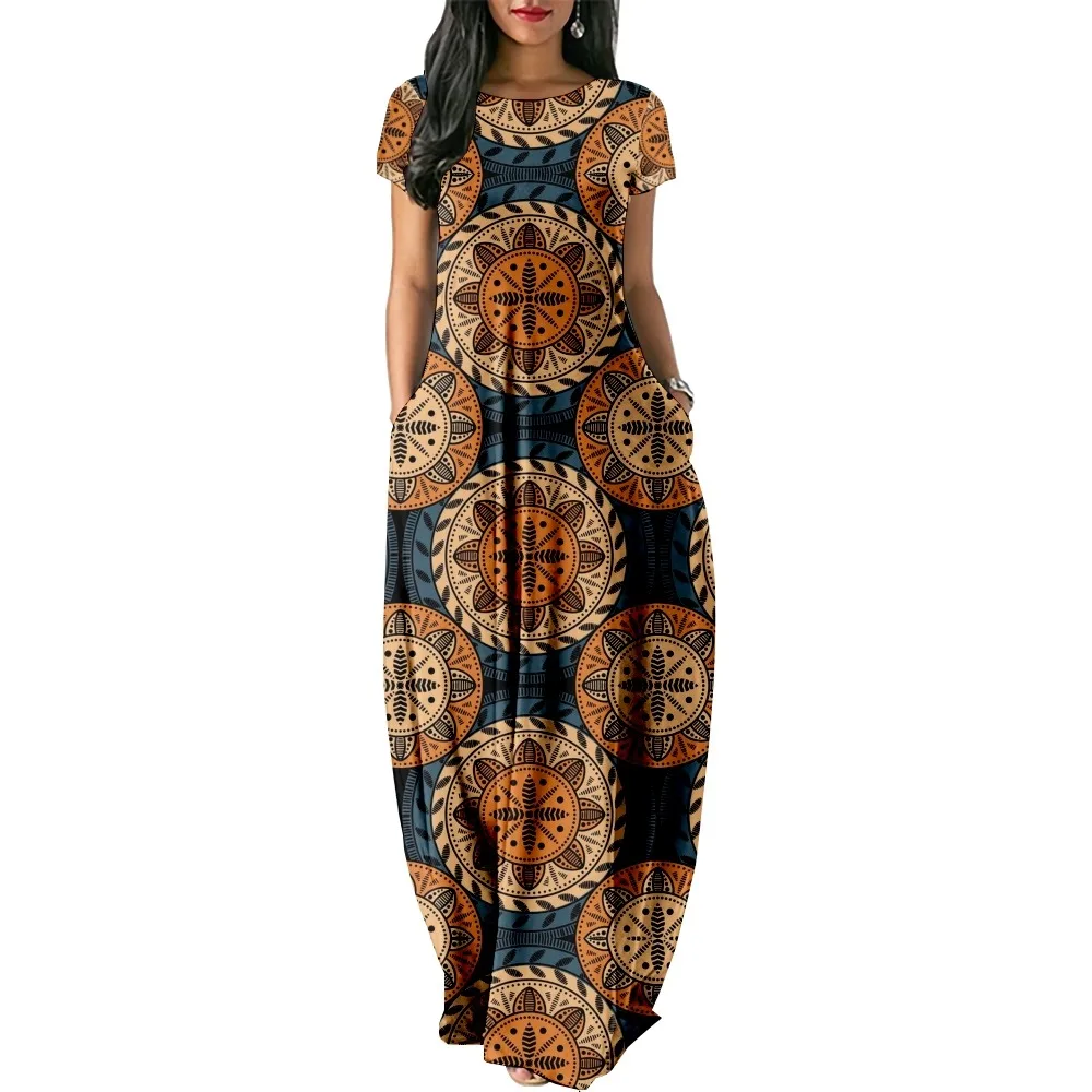 

New Bohemian Style Print Women Casual Short Sleeve Dress Loose Long Double Pocket Dress Women Dress