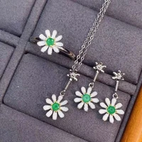 meibapj natural emerald flower jewelry set 925 sterling silver necklace earrings ring 3 pieces suit fine jewelry for women