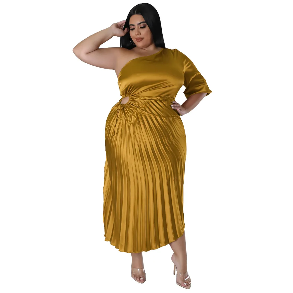 Plus Size Women Clothing Elegant Chic Women Dresses Party Dresses Solid Slim Fit Mid-Calf Office Lady Evening Dresses Pleated