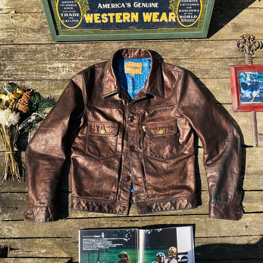 

Tailor Brando J-59 Old Calfskin Metal Texture 507XX Denim Workwear Fashion Men's Leather Jacket
