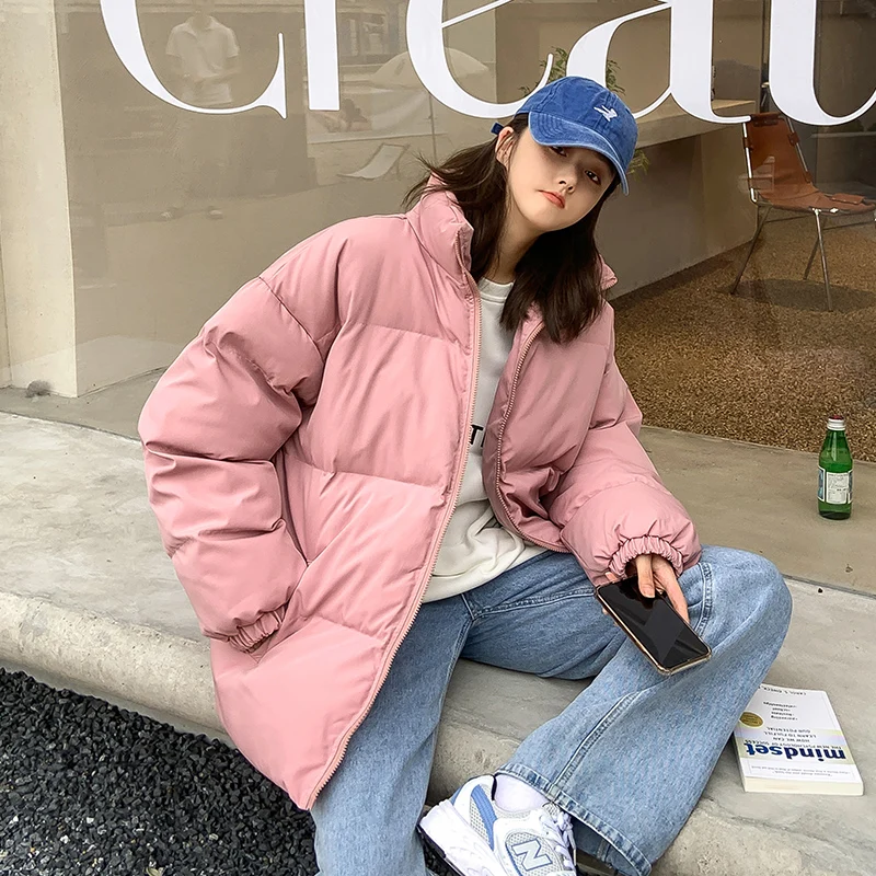 Streetwear Harajuku Warm Men's Winter Coat Solid Color Casual Parka Stand Collar Fashion Oversize Women's Winter Jacket