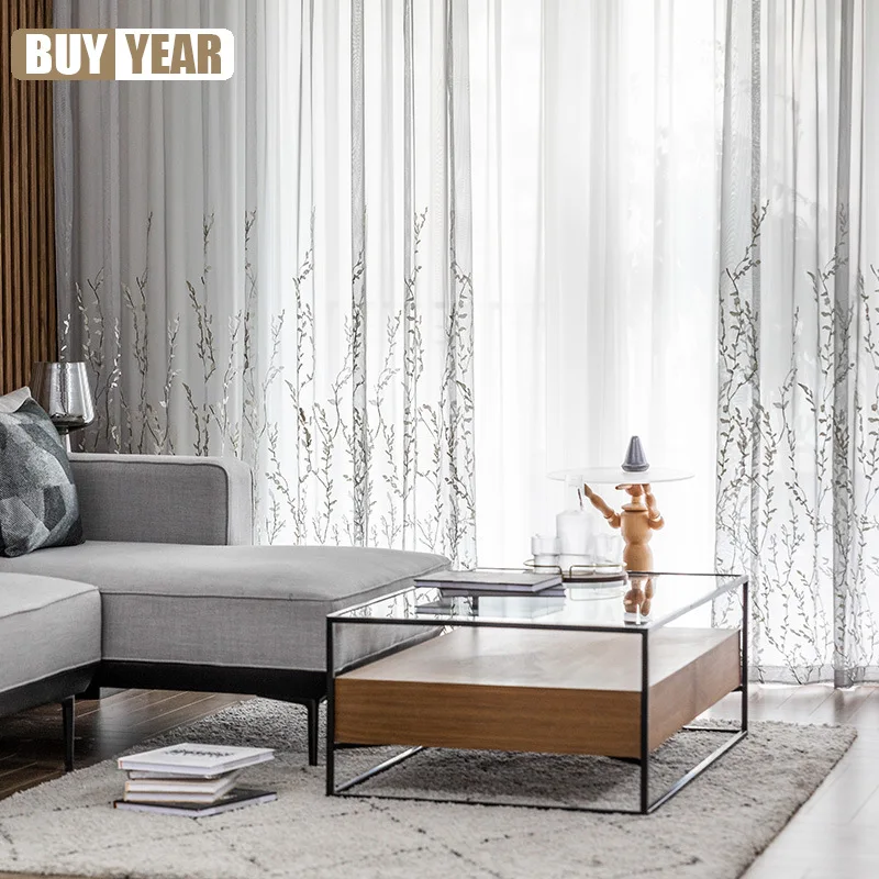 Оконные шторы с вышивкой в виде листьев для спальни пасторальные тюлевые