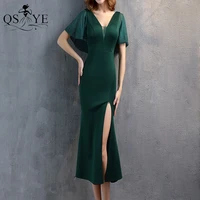 hot drill green prom dress cap sleeves split short evening gown stretch girl party gown v neck sheath formal women dress casual