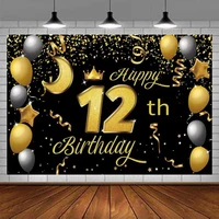 Sweet Photography Backdrop Banner Poster 12th Birthday Party Decor Supplies Photo Background For Girls Boys Women Men Black Gold