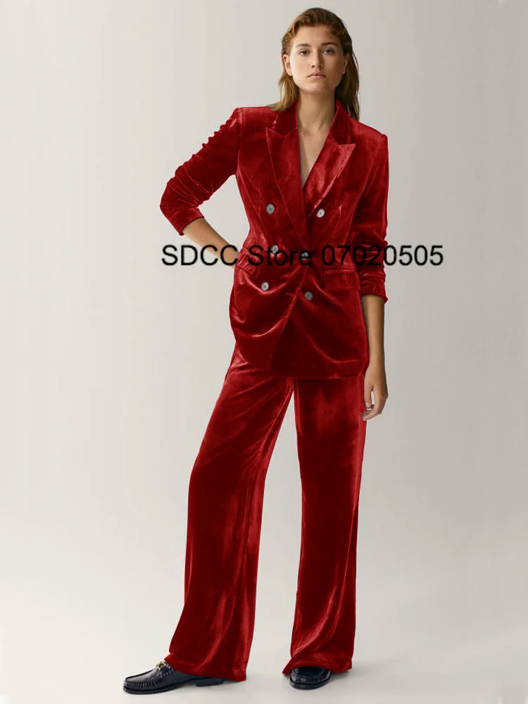 Women's Velvet Suit 2 Pieces Set Coat+Pants Double Breasted Lapel Tuxedo Party Prom Custom Lady Blazer Traf