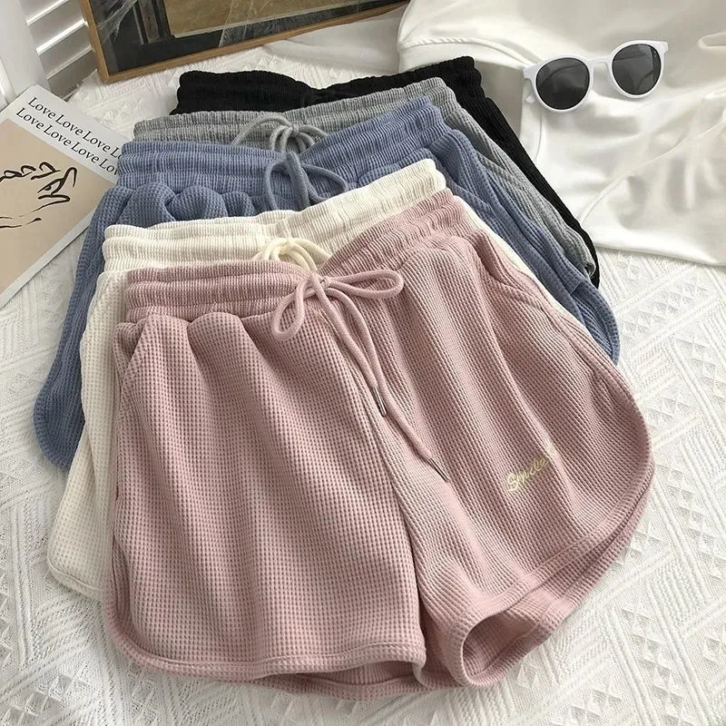 Waffle Sports Shorts Women's Summer 2023 New Korean Version of Loose High Waist Home Wide Leg Hot Pants Sweatpants