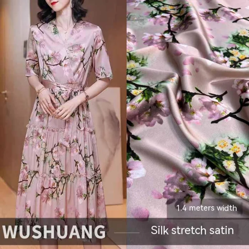

Silk Stretch Satin Fabric Mulberry Silk Spring Autumn Shirt Dress Cheongsam Pink Cherry Blossom Print Dyed Fabrics by the Meter