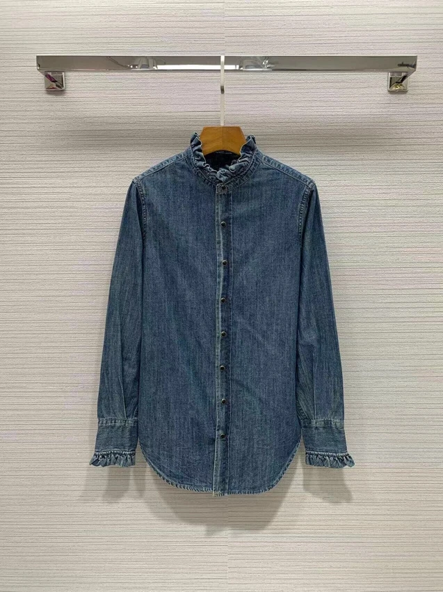 

2022 new women fashion long sleeve sexy stand-up collar lace simple casual denim shirt top 1106
