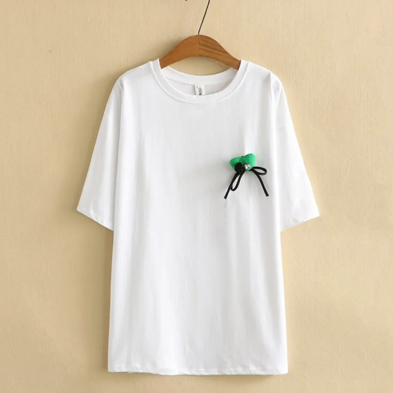 

110KG Plus Size T-Shirt For Women Clothing Fashion Love Diamond Brooch Tops Simple Cotton Short Sleeve Curve Tee Summer