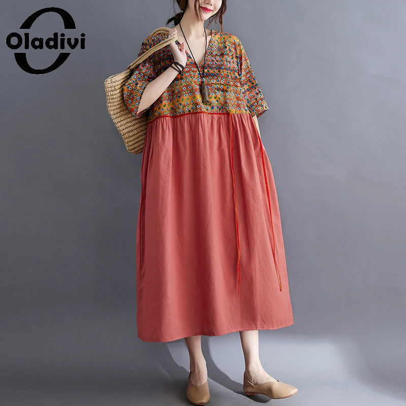 

Oladivi женская одежда большого размера повседневное свободное лоскутное Хлопковое платье 2022 летние новые платья-миди с коротким рукавом плат...