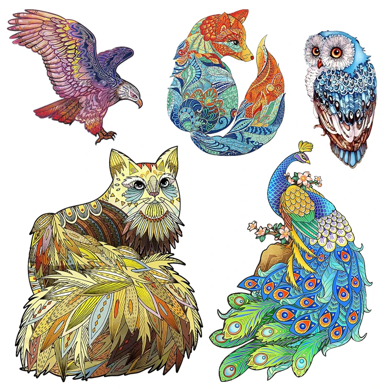 

Wooden Puzzles Children's Animal Shape Pieces Chicken Fox Wolf Owl Lion Tiger Peacock Cat Jigsaw Puzzle Wood Toys for Adults Kid