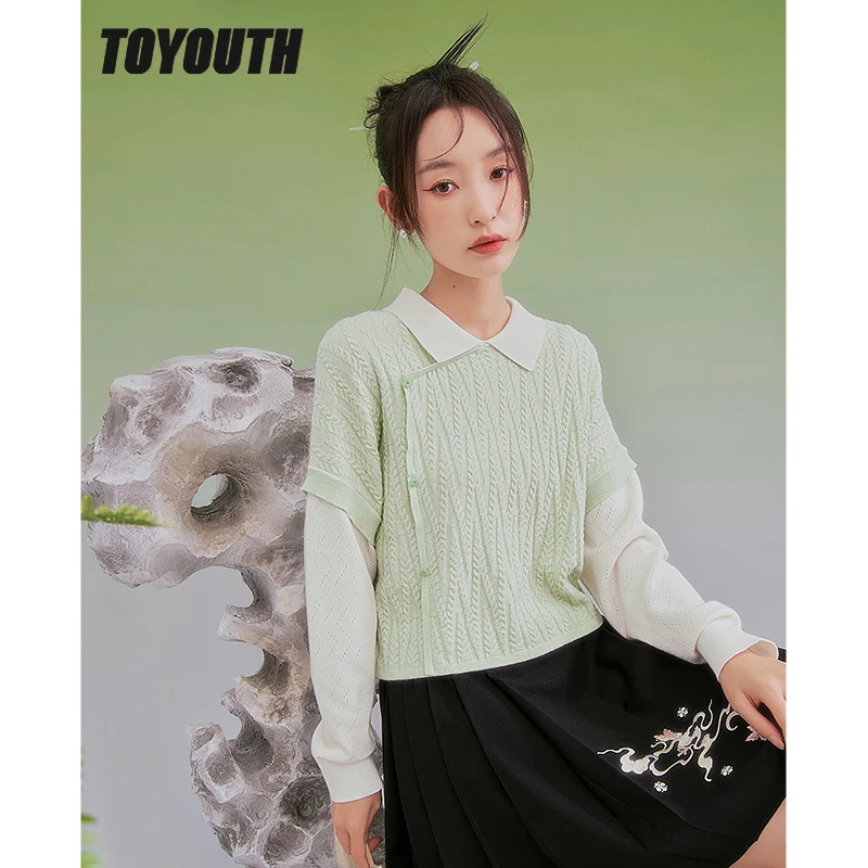 

Toyouth Women Fake Two Piece Sweaters 2022 Autumn Long Sleeves Polo Neck Loose Knitted Pullover Weave Green Casual Chic Tops