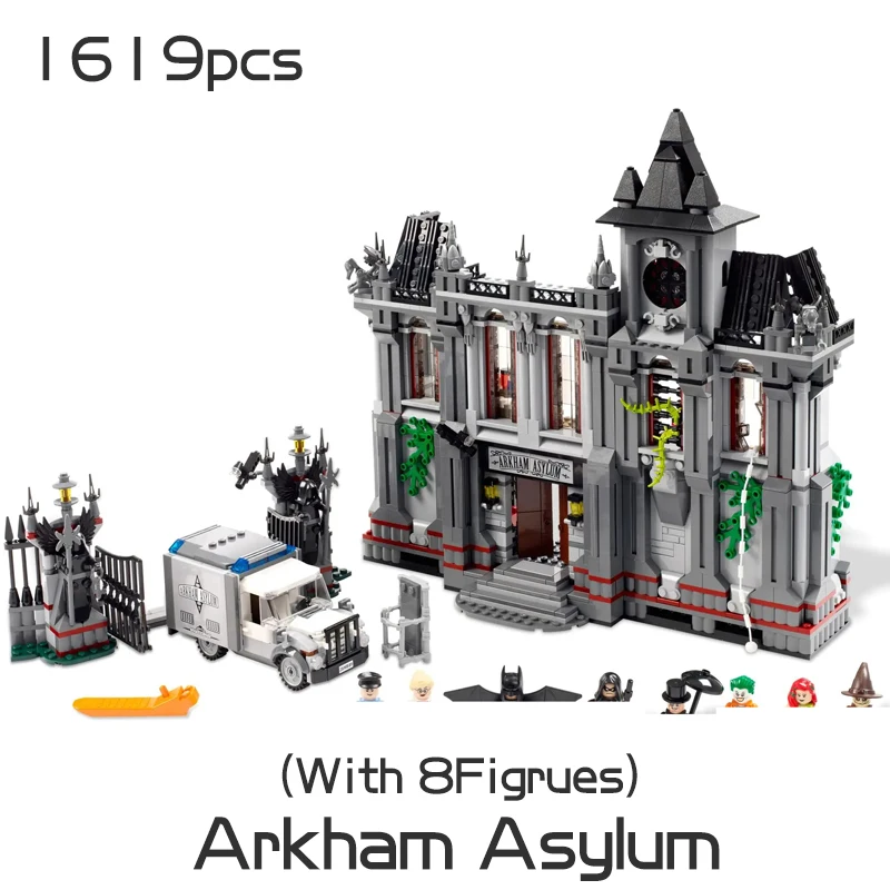 

new 1619pcs Heroes Building Blocks Bat Arkham Asylum Ambulance Car Castle Street View Bricks Toys For Boy Christmas Gifts 7124
