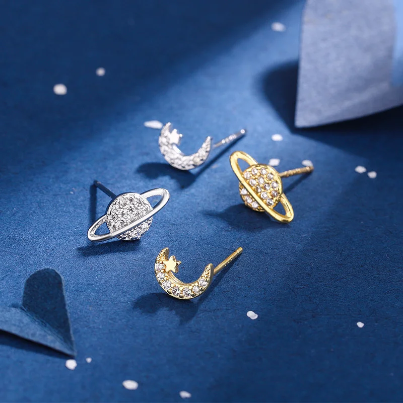 Простые серьги-гвоздики для женщин звезда луна циркониевые асимметричные