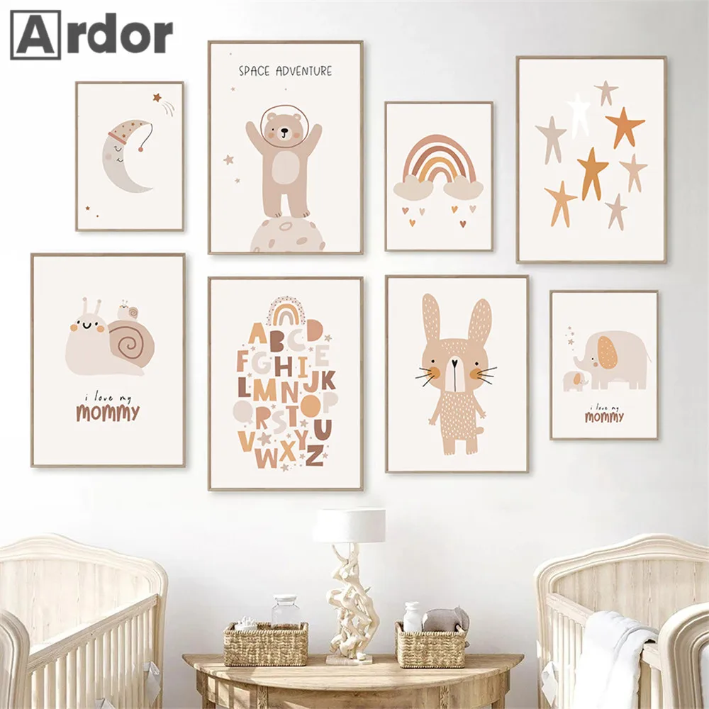 

Boho Bear Rabbit Elephant Snail Wall Art Canvas Painting Nursery Poster Rainbow Print Pictures Nordic Posters Kids Room Decor