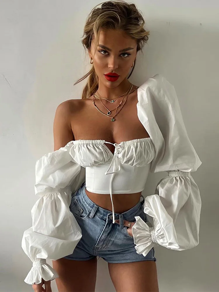 

Spring Summer Fashion Elegant French Romantic Floral Puff Sleeve Square Collar Women Blouses New White Chiffon Shirt