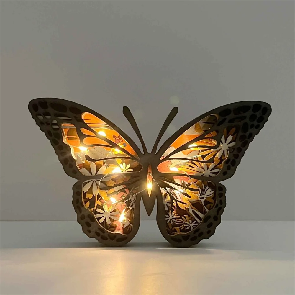

Christmas Gift Wooden Butterfly Cat Sloth Ornament With Lamp Carving Wooden Animal Series Hollow Crafts Luxury Home Decor
